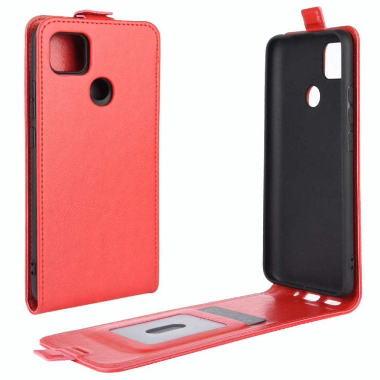 Red vertical flip leather phone case with card slots and stand-style flip cover