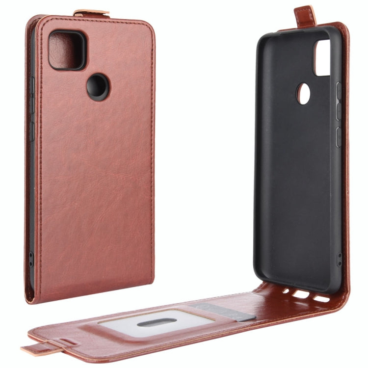 Brown vertical flip leather phone case with card slots and camera cutout