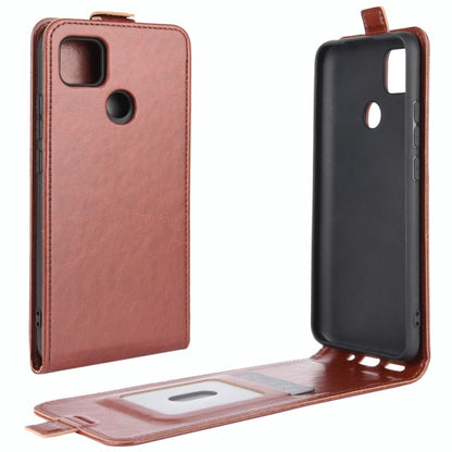 Brown vertical flip leather phone case with card slots and camera cutout