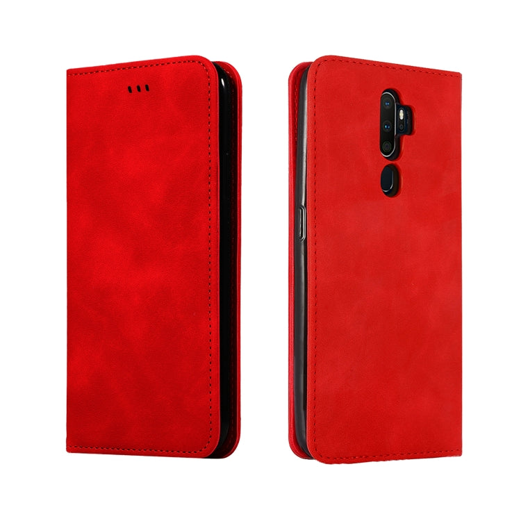 Red leather magnetic flip wallet case, front and back view with stitched edges