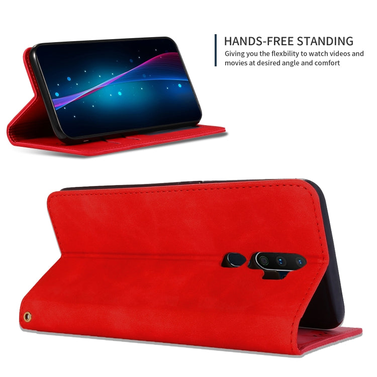 Red leather flip wallet case with stand support and phone camera cutout