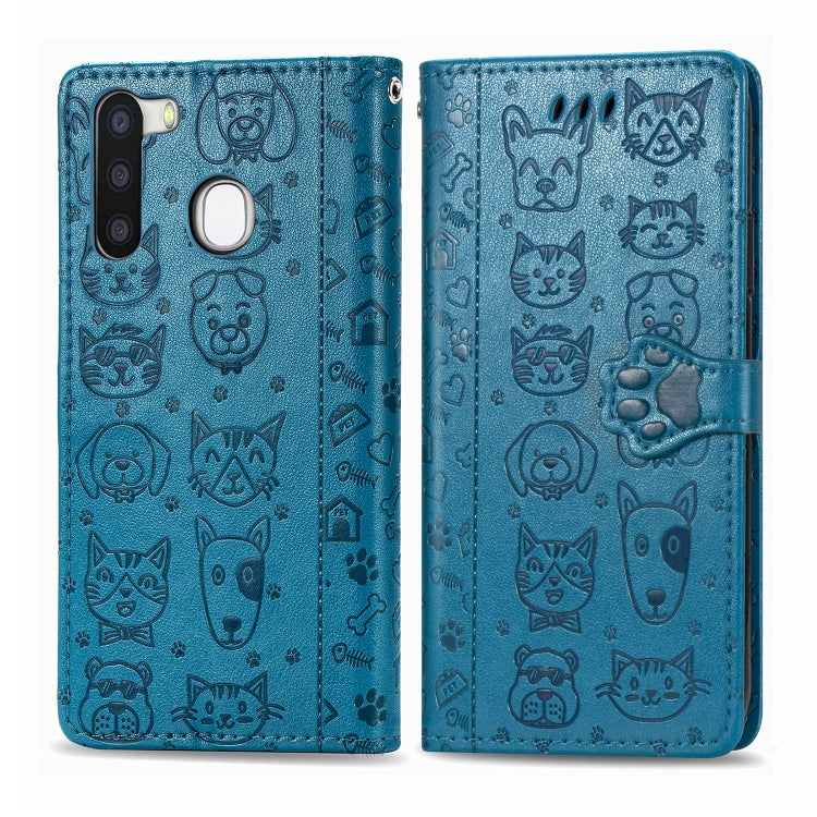Cute Cat and Dog Embossed Horizontal Flip Leather Case with Holder & Card Slots & Wallet & Cartoon Clasp & Lanyard, For OPPO A5 (2020), For Huawei Y8S, For Samsung Galaxy A21, For Galaxy A21