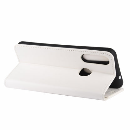 White wallet flip phone case folded into stand with carrying slot and camera cutout