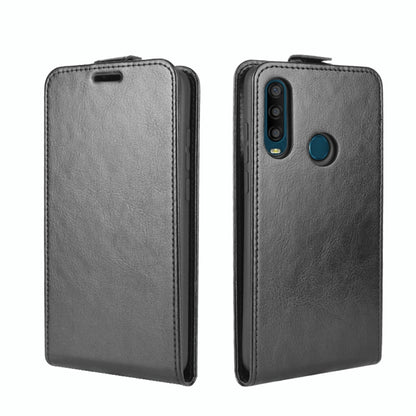 Gray vertical flip leather phone case, front and back view with camera cutout