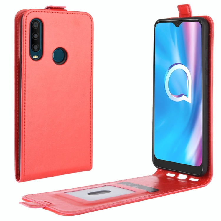 Red vertical flip leather phone case with card slot and foldover stand