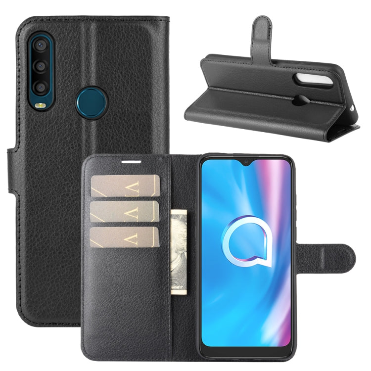Litchi-texture flip phone case with card slots and holder, black with wrist strap