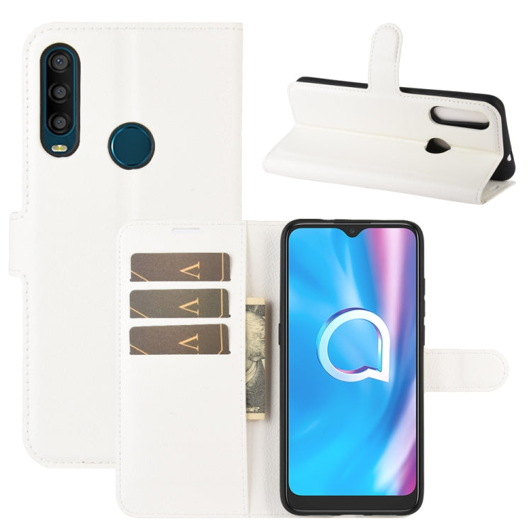 Litchi-texture flip phone case with card slots and holder, white with wrist strap