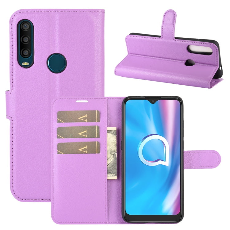 Litchi-texture flip phone case with card slots and holder, purple with wrist strap