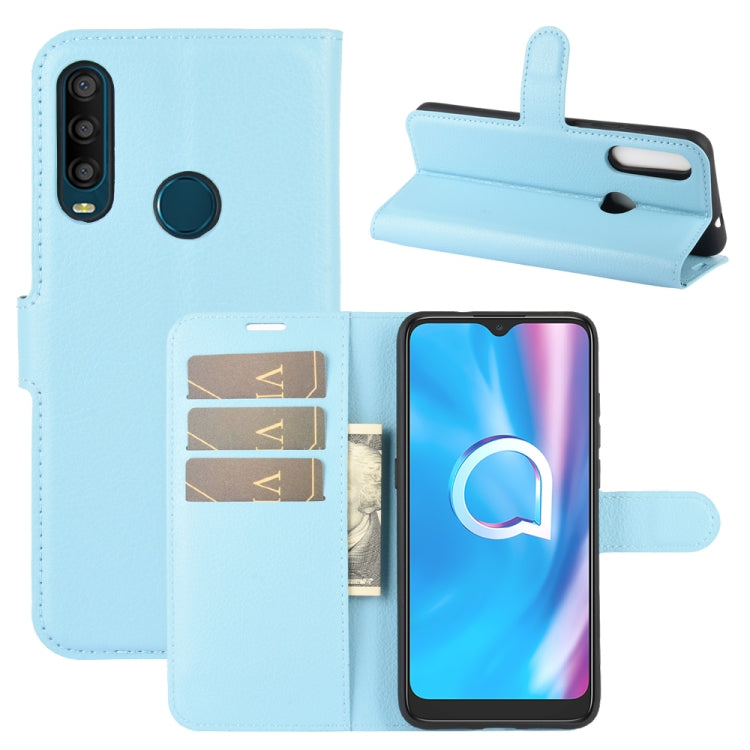 Litchi-texture flip phone case with card slots and holder, light blue with wrist strap