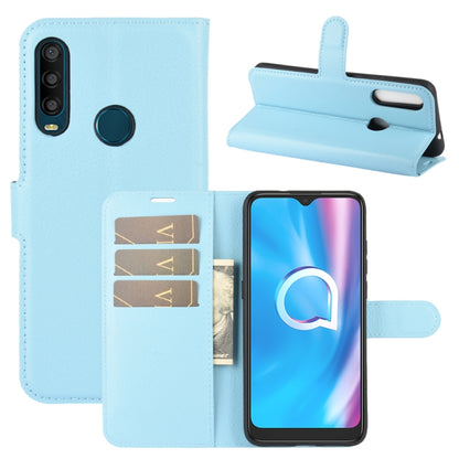 Litchi-texture flip phone case with card slots and holder, light blue with wrist strap