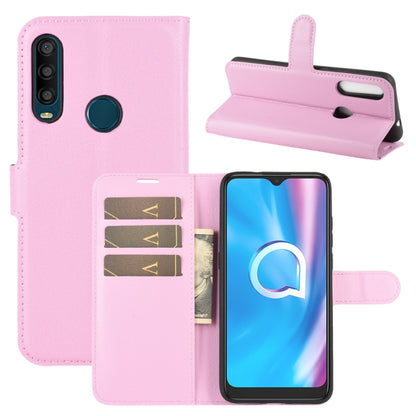 Litchi-texture flip phone case with card slots and holder, pink with wrist strap