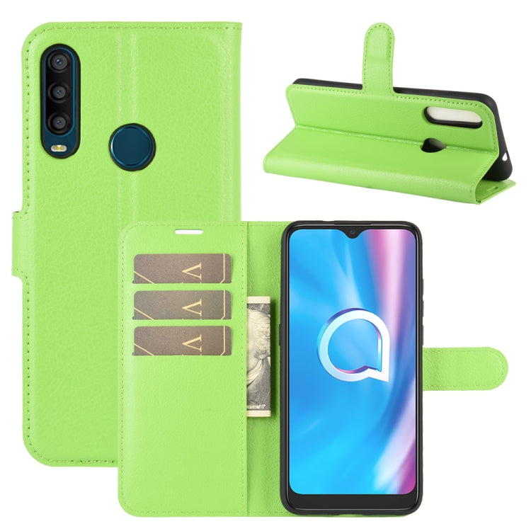 Litchi-texture flip phone case with card slots and holder, green with wrist strap