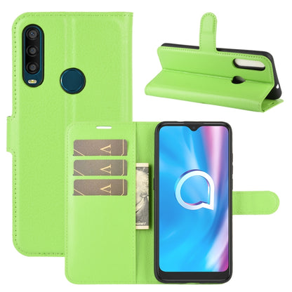 Litchi-texture flip phone case with card slots and holder, green with wrist strap