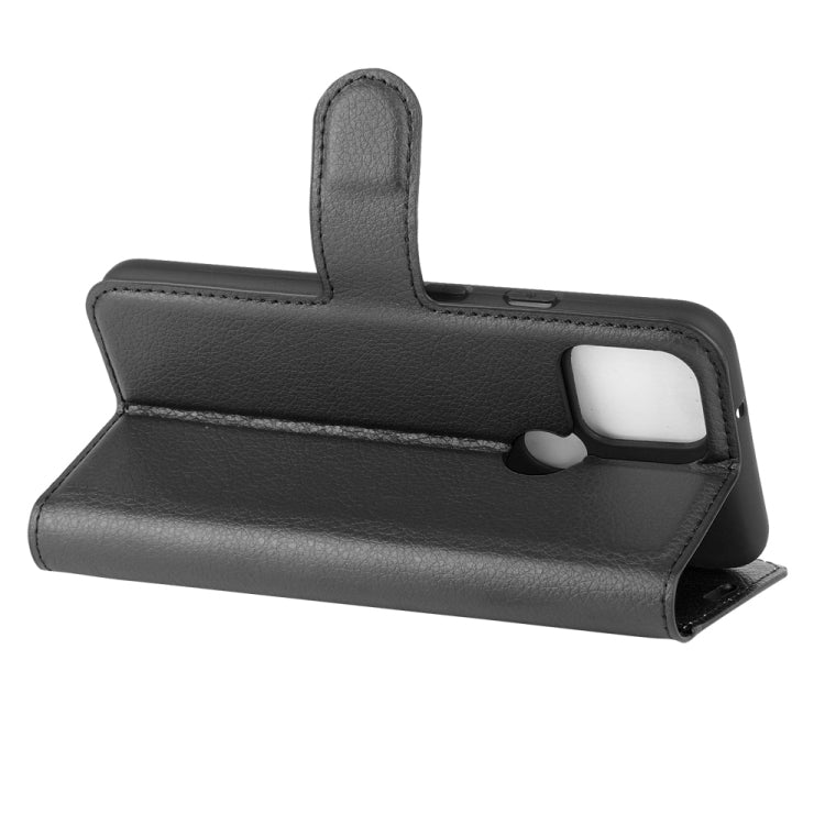 Litchi-texture flip wallet case with horizontal stand and card slot cover, dark