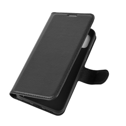 Litchi-texture protective flip wallet case with side cutouts and grip strap