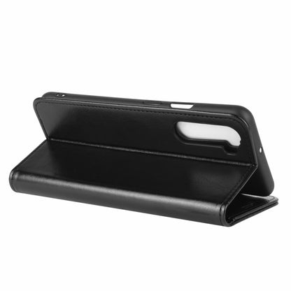 Black folio phone case folded into viewing stand with side grip cutout