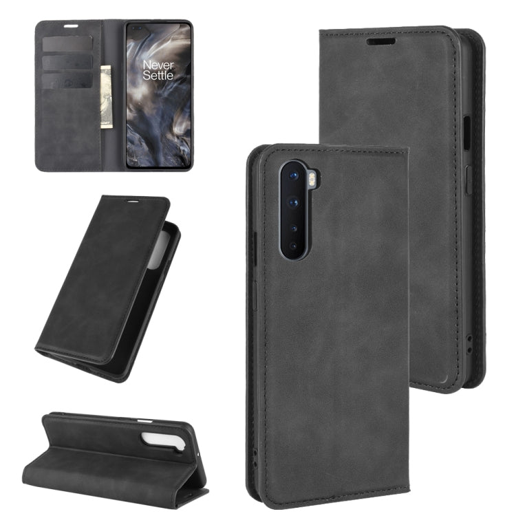 Magnetic leather wallet phone case with card slots for OnePlus Nord, open front, dark gray