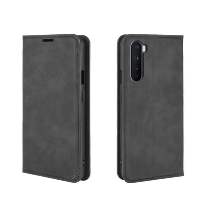 Magnetic leather folio phone case for OnePlus Nord, closed, dark gray with camera cutout