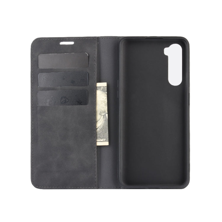 Magnetic leather wallet phone case for OnePlus Nord, open view with card slots, dark gray