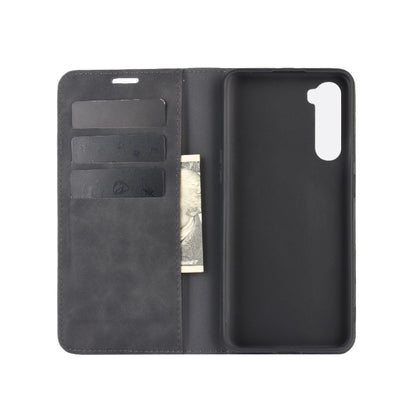 Magnetic leather wallet phone case for OnePlus Nord, open view with card slots, dark gray