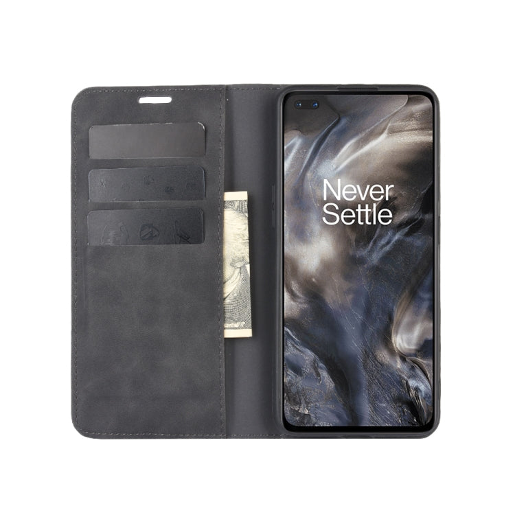 Magnetic leather wallet phone case for OnePlus Nord, open with phone inserted, dark gray