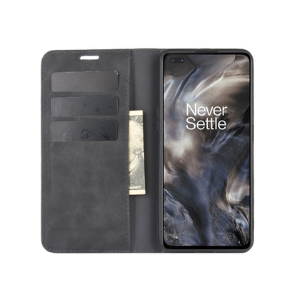 Magnetic leather wallet phone case for OnePlus Nord, open with phone inserted, dark gray