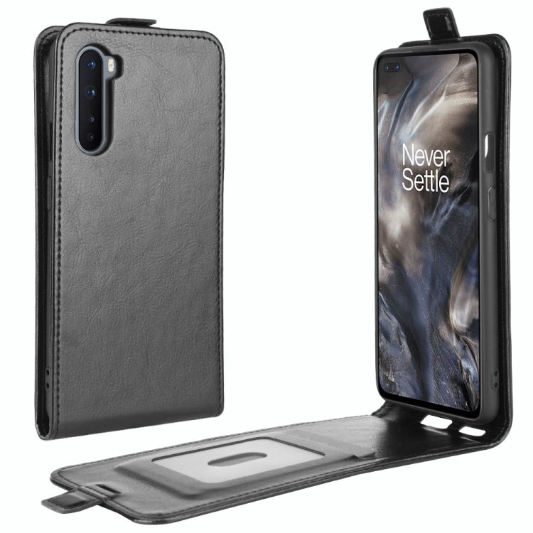 Black leather flip phone case with card cutout and open stand