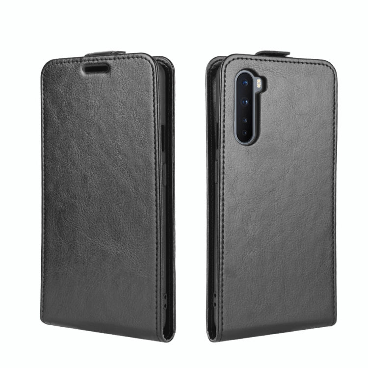 Black leather flip phone case, closed view with protective front cover