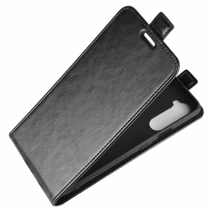 Black leather flip phone case with fold-over cover and camera opening