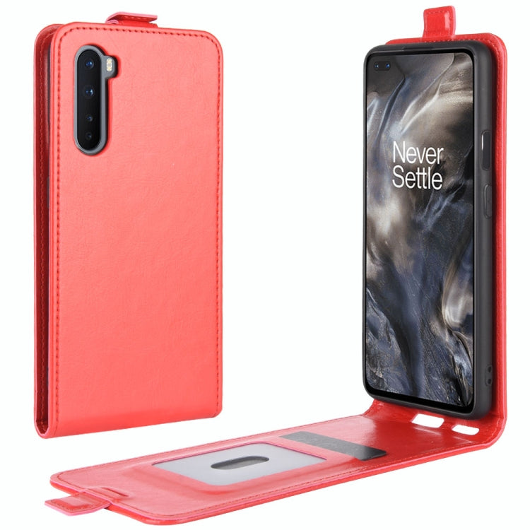 Red leather flip phone case with card cutout and open stand