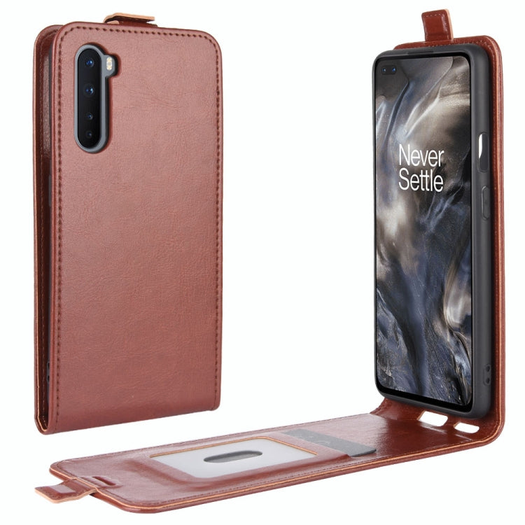 Brown leather flip phone case with card cutout and open stand