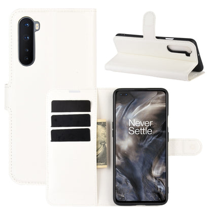 White litchi-texture flip phone case with card slots and stand holder for OnePlus Nord