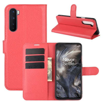 Red litchi-texture flip phone case with card slots and stand holder for OnePlus Nord