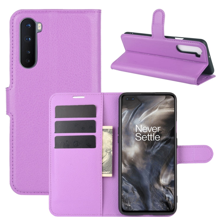 Purple litchi-texture flip phone case with card slots and stand holder for OnePlus Nord