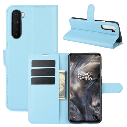 Light blue litchi-texture flip phone case with card slots and stand holder for OnePlus Nord