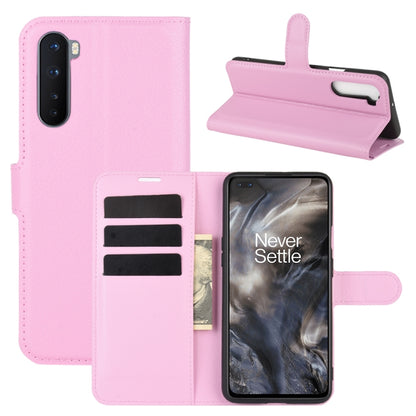 Pink litchi-texture flip phone case with card slots and stand holder for OnePlus Nord
