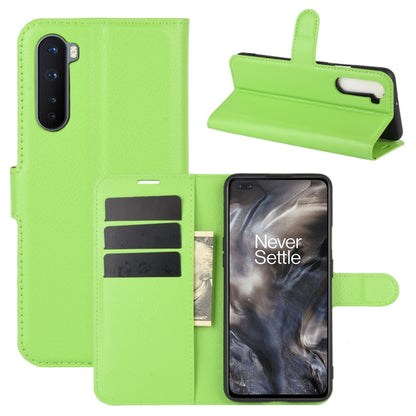Green litchi-texture flip phone case with card slots and stand holder for OnePlus Nord