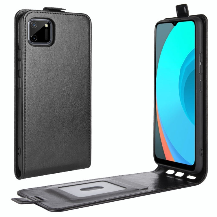 Black leather flip phone case with card slot and cutouts for camera and ports