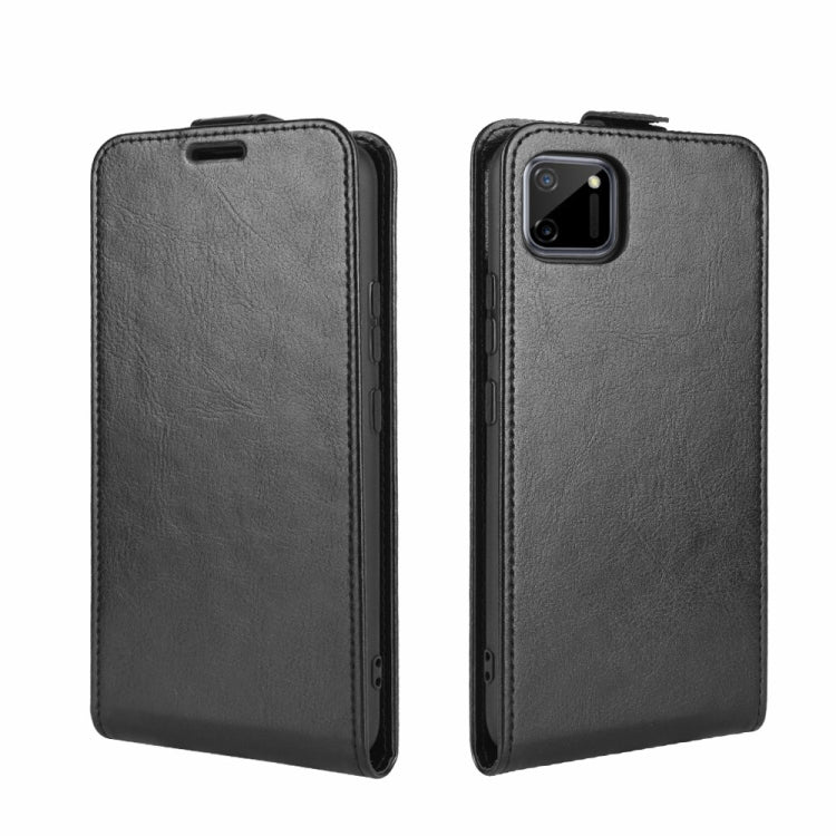 Black leather wallet-style flip phone case, shown front and back with camera cutout