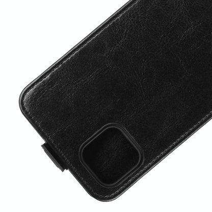 Black leather flip phone case with curved corner and camera-cover cutout