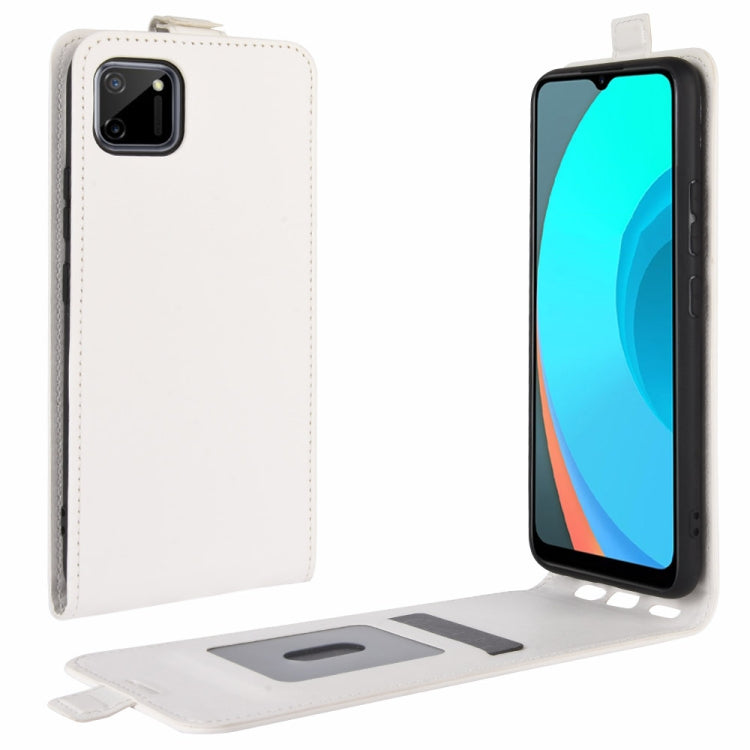 White leather flip phone case with card slot and cutout for rear camera