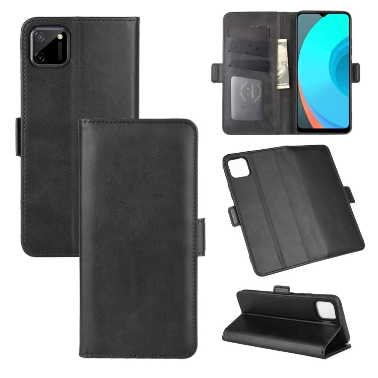 Black leather flip phone case with magnetic buckle and card slots, camera cutout