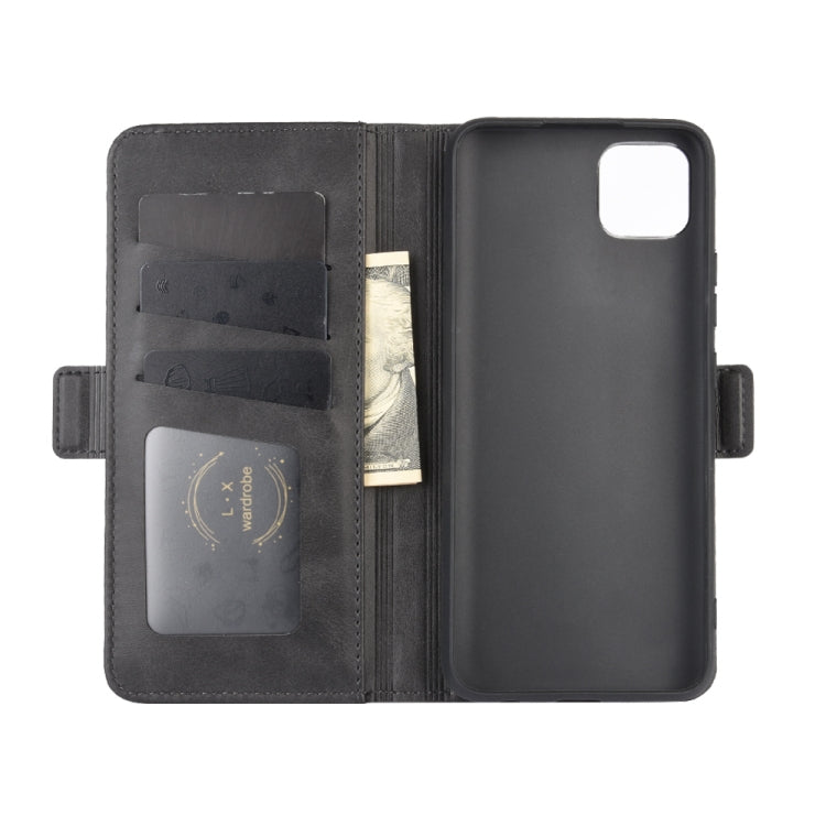 Black leather flip case open, showing card slots and phone camera cutout