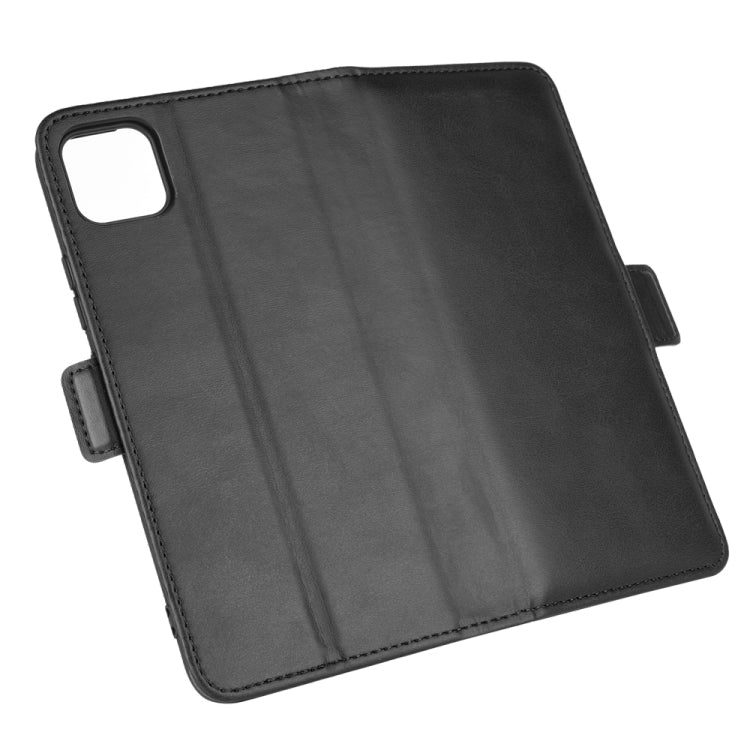 Black leather flip phone case back view with camera and corner cutouts