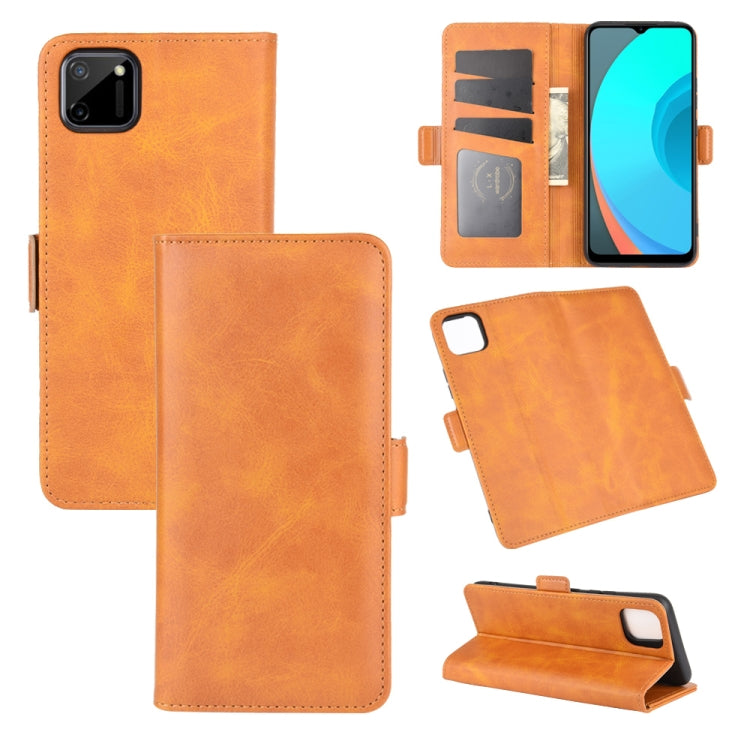 Tan leather flip phone wallet case with card slots and kickstand