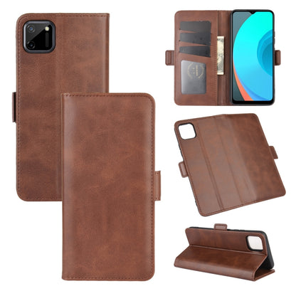 Brown leather flip phone wallet case with card slots and kickstand