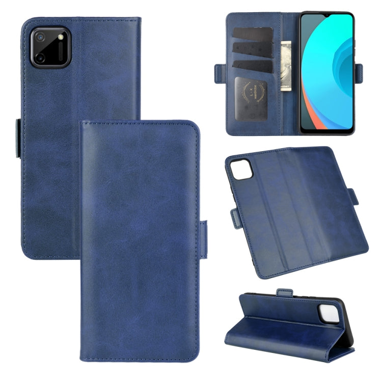Dark blue leather flip phone wallet case with card slots and kickstand