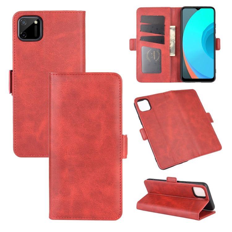 Red leather flip phone wallet case with card slots and kickstand