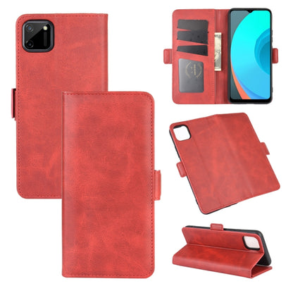 Red leather flip phone wallet case with card slots and kickstand