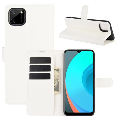White flip protective phone case with card slots and folding stand, front and back view